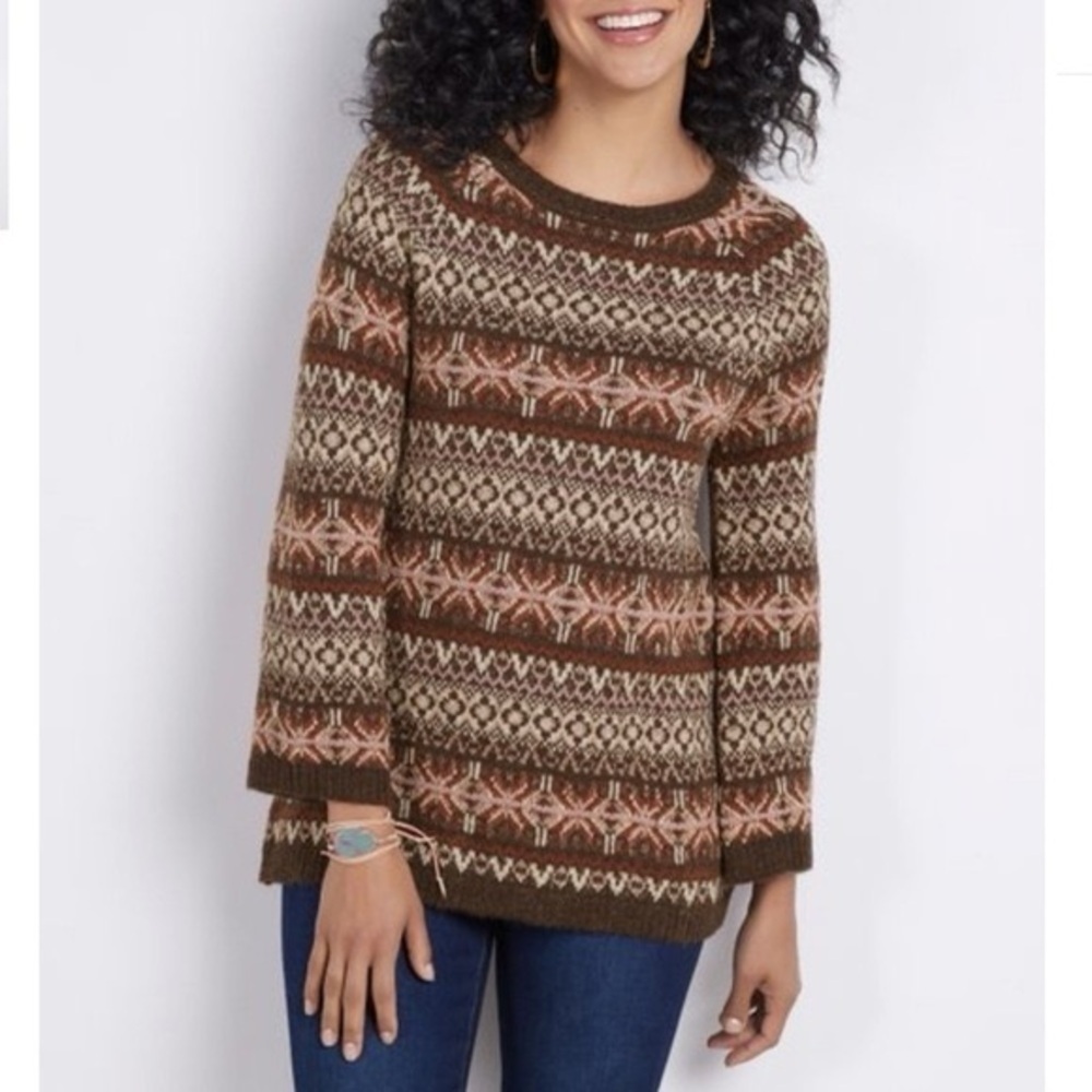 Soft Surroundings Wool Julietta Fairisle Sweater in Coffee Bean Size xl